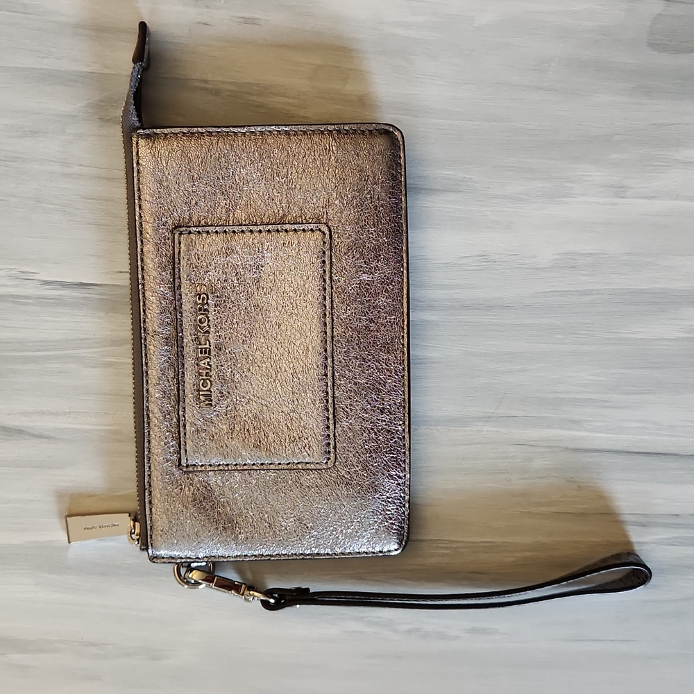 Michael Kors metallic gunmetal grey wristlet